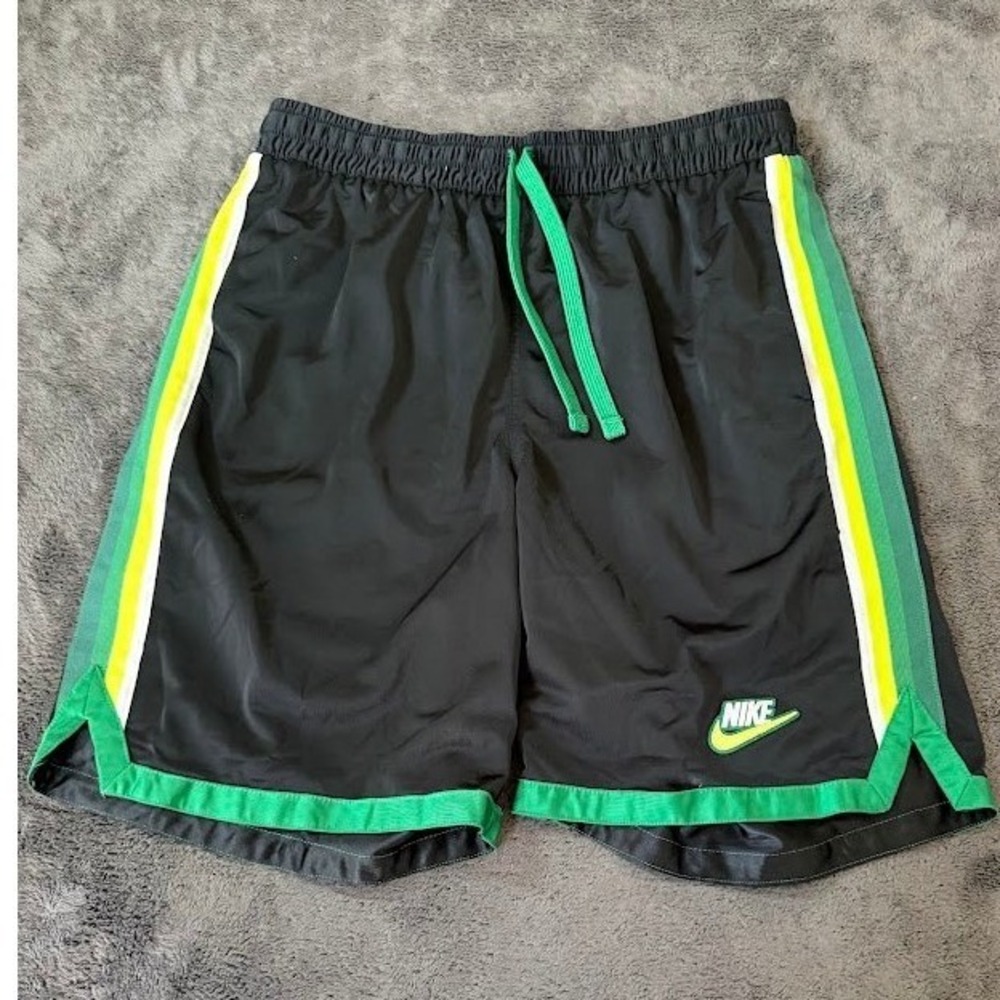 Nike Vintage Mens Black Green Yellow Striped Athletic Shorts Large 90s Retro